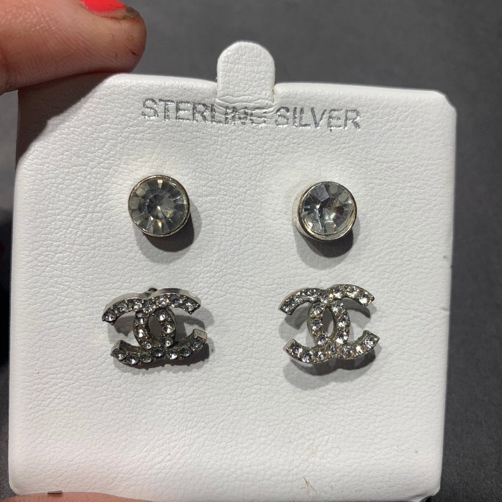 Sterling Silver Faux CHANEL Pierced Earrings